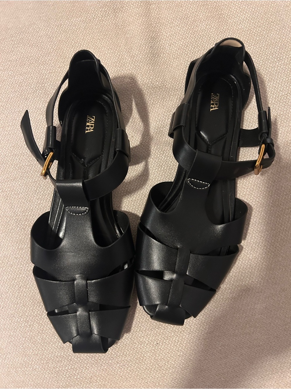 Zara Black Woven Leather Ankle-Strap Sandals